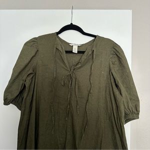 H&M linen tie-detail midi dress in deep green, size small